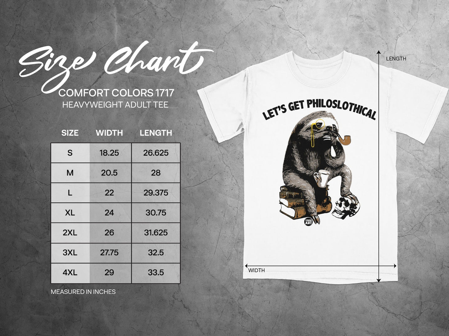 Size chart for Comfort Colors 1717 heavyweight adult tee with sloth graphic.
