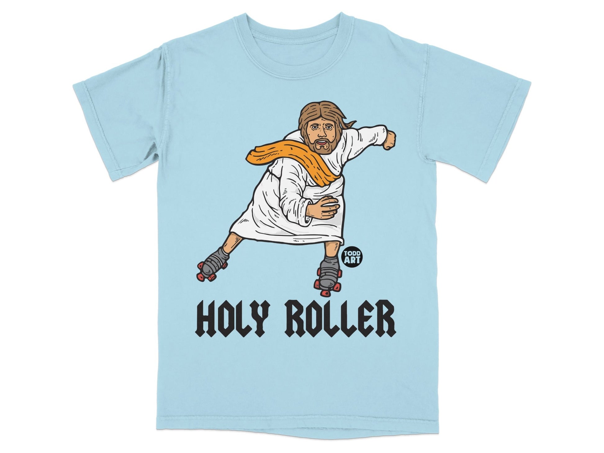 Light blue t-shirt with "Holy Roller" text and Jesus on roller skates.
