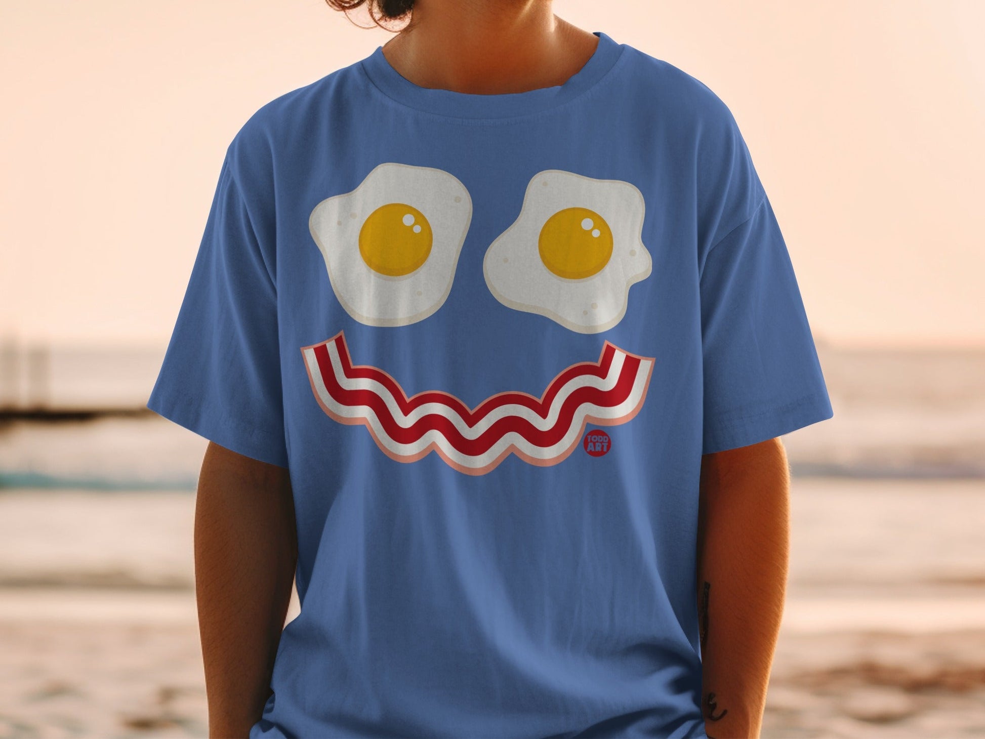 Funny Breakfast Design Blue T-Shirt with Eggs and Bacon