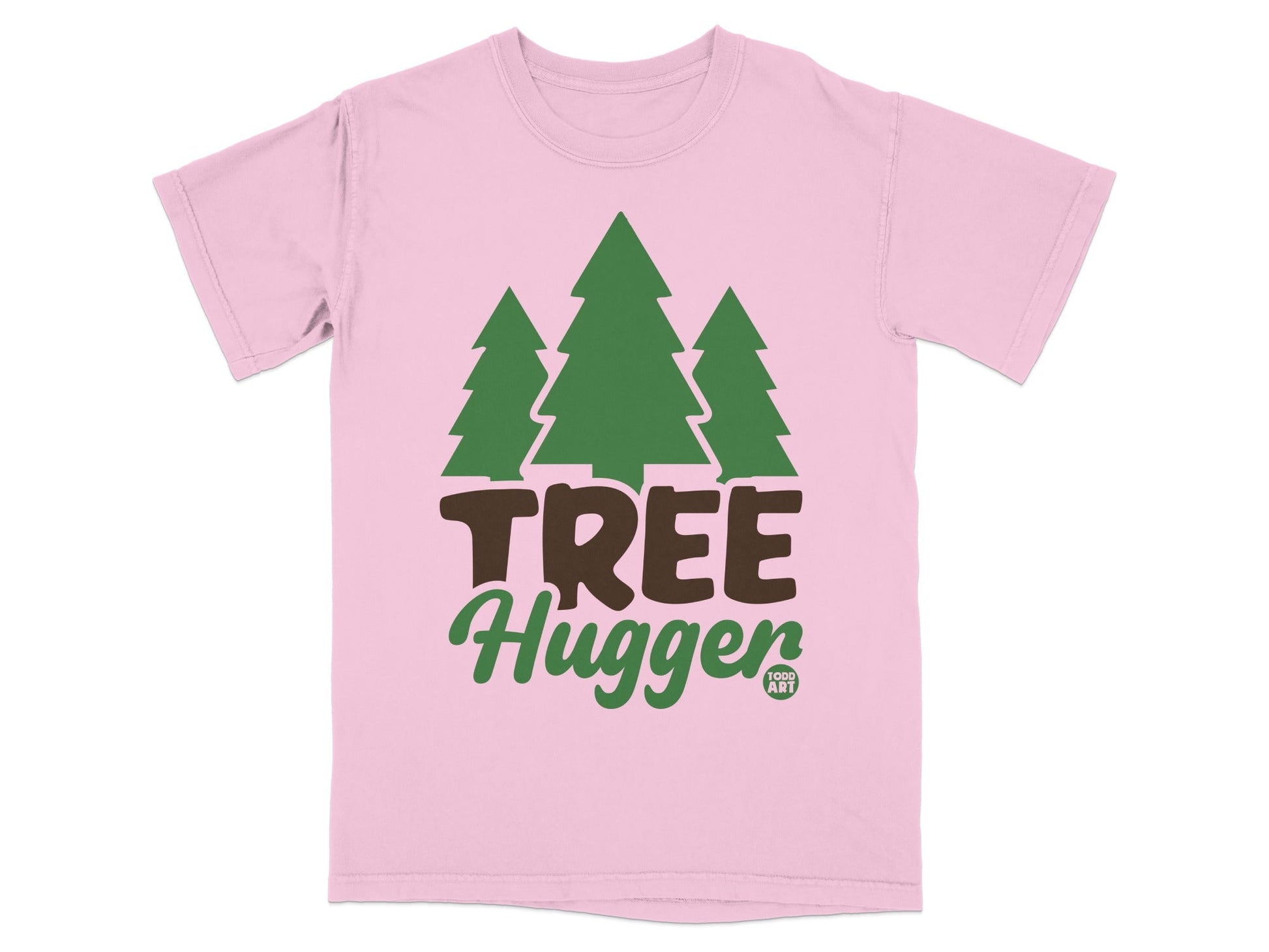 Pink t-shirt with green trees and "TREE Hugger" text.