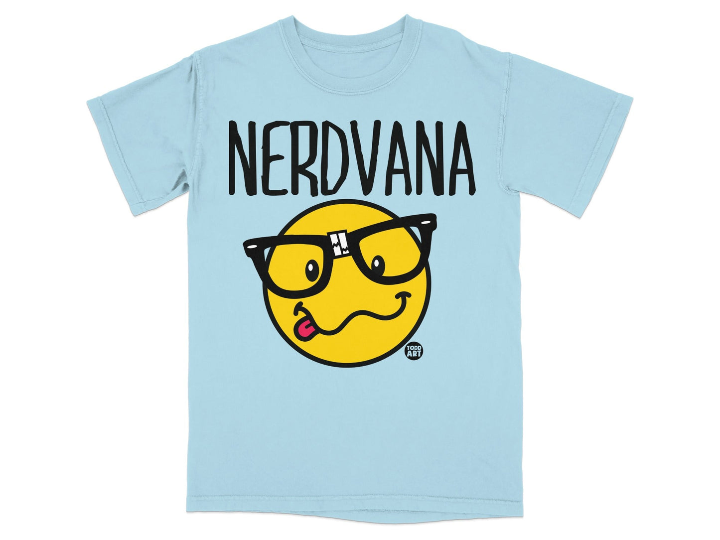 Light blue t-shirt with NERDVANA text and a smiling cartoon face with glasses.