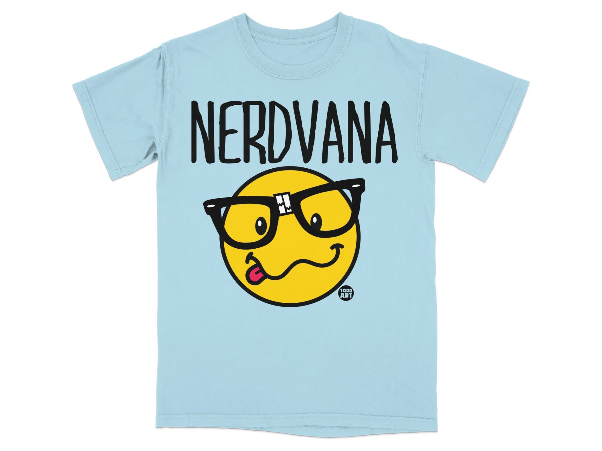 Light blue t-shirt with NERDVANA text and a smiling cartoon face with glasses.