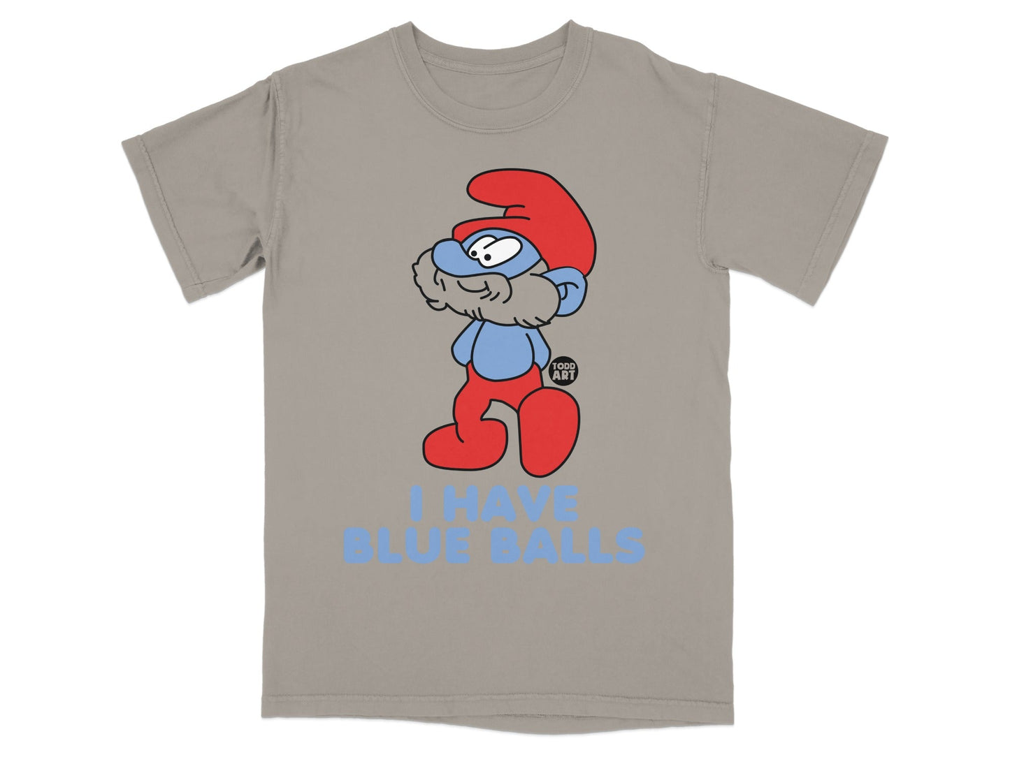 Smurf character in red hat and pants, with "I HAVE BLUE BALLS" text.