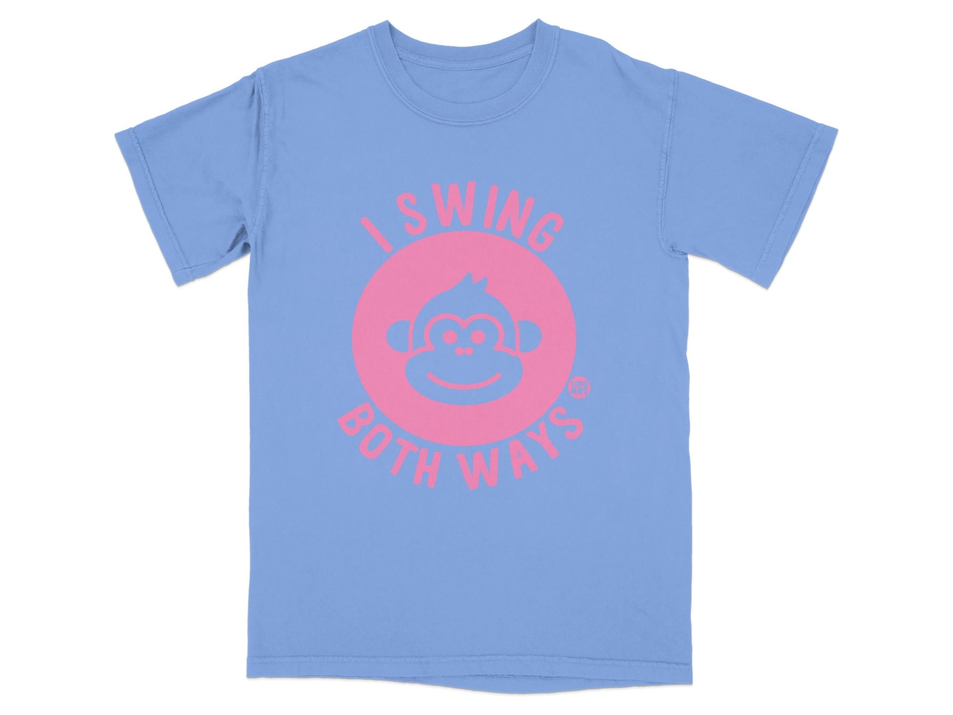 Light blue t-shirt with pink text and monkey graphic.