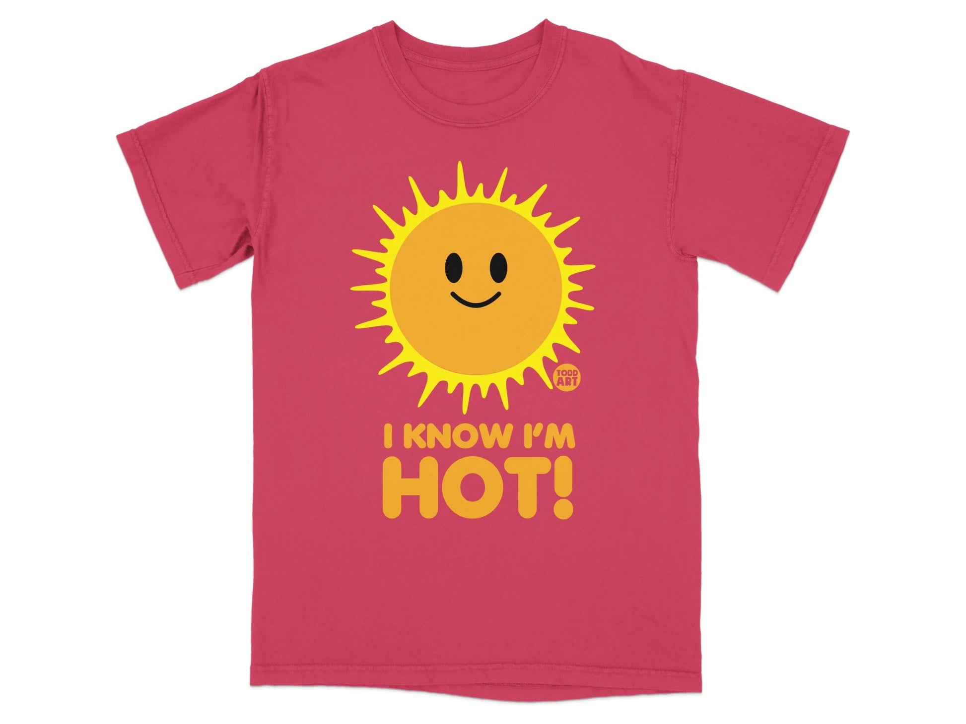 Red t-shirt with a smiling sun graphic and "I KNOW I'M HOT!" text.