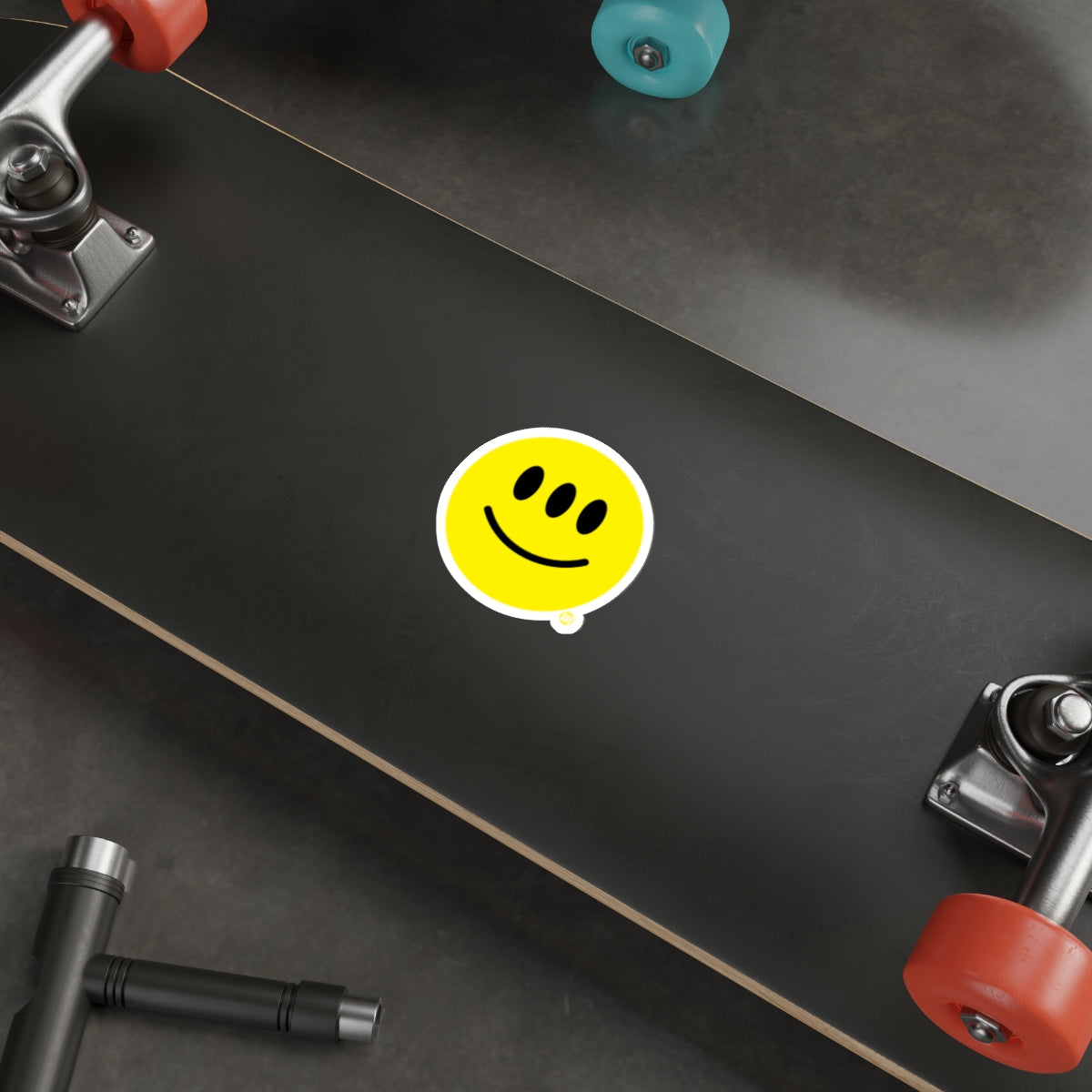 Smiling Face Yellow Happy Sticker on Skateboard Deck