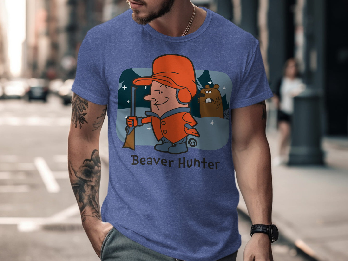 Funny Beaver Hunter Cartoon Graphic T-Shirt