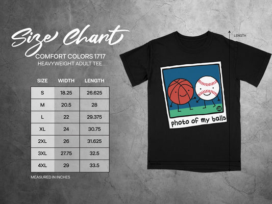 Comfort Colors 1717 heavyweight t-shirt size chart with "photo of my balls" graphic.