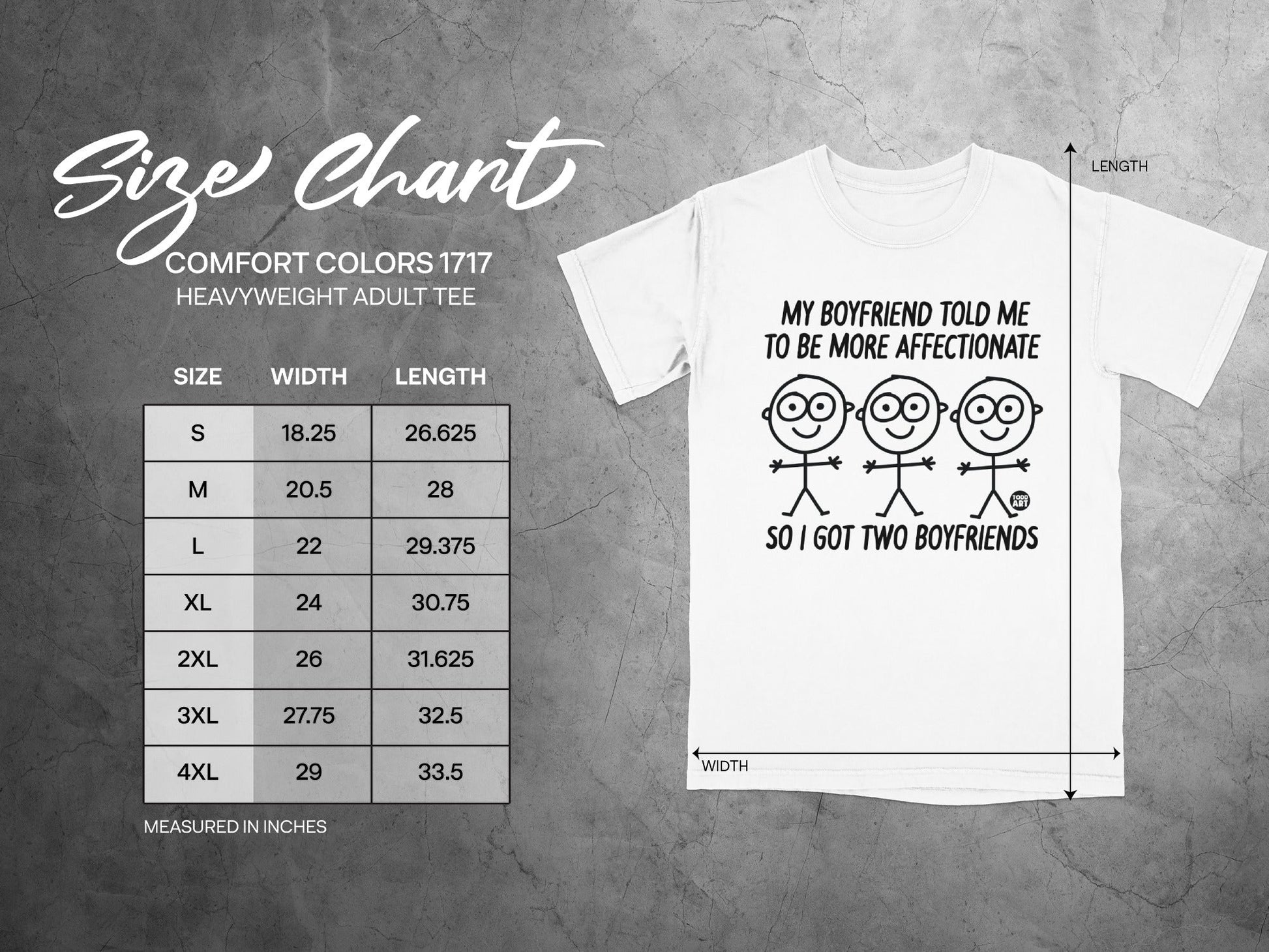 Comfort Colors 1717 size chart for heavyweight adult tee with graphic.