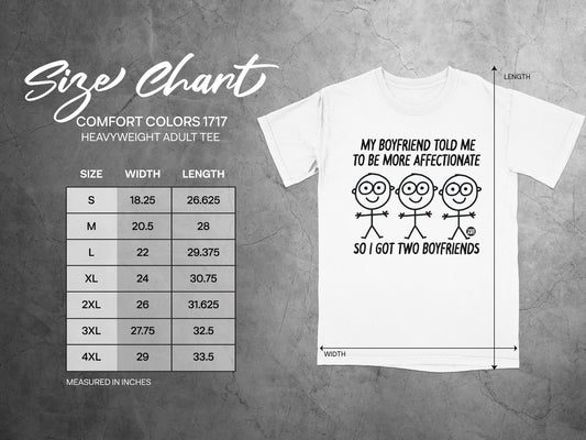 Comfort Colors 1717 size chart for heavyweight adult tee with graphic.