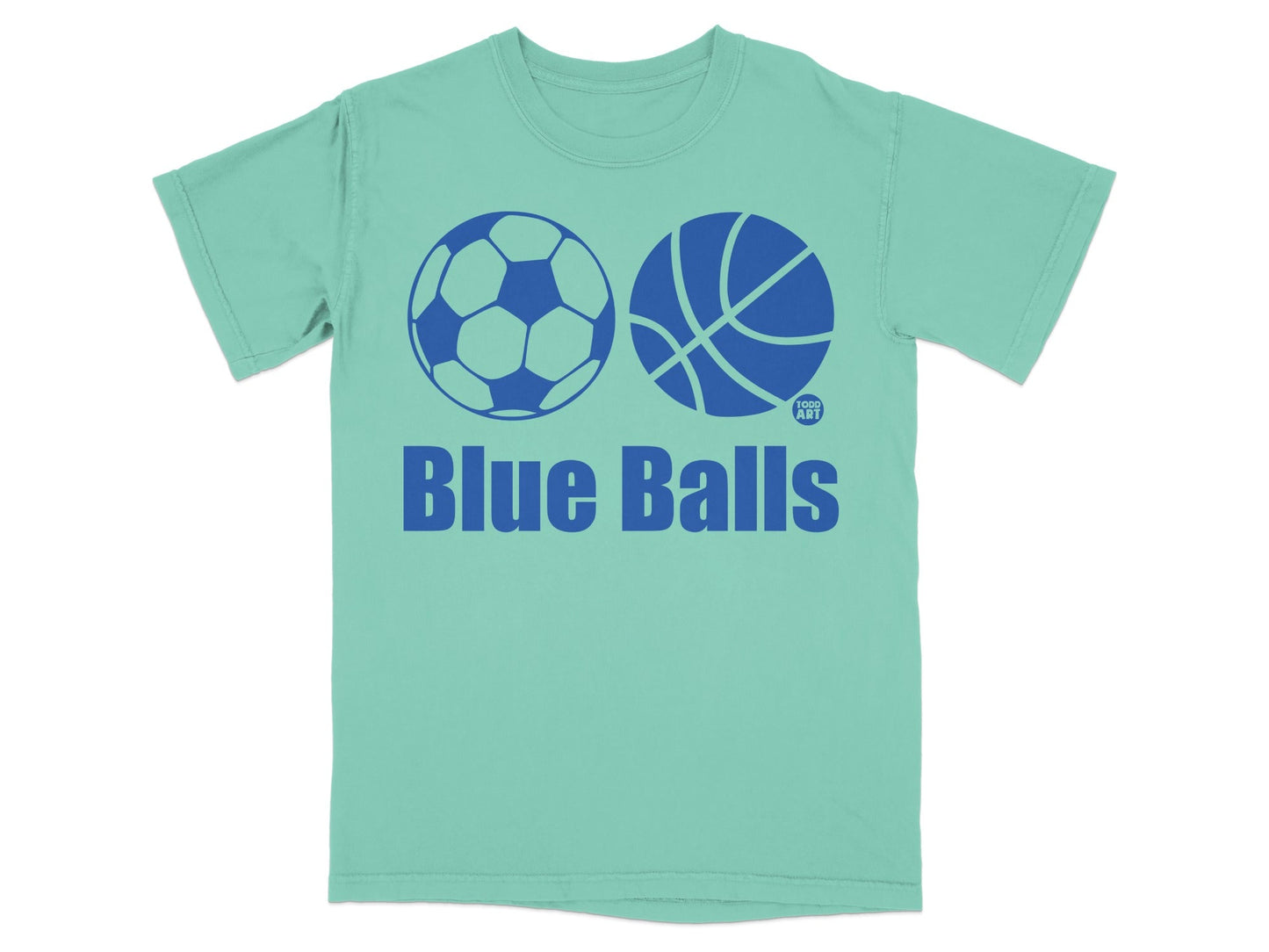 Teal t-shirt with blue soccer ball, basketball, and "Blue Balls" text.