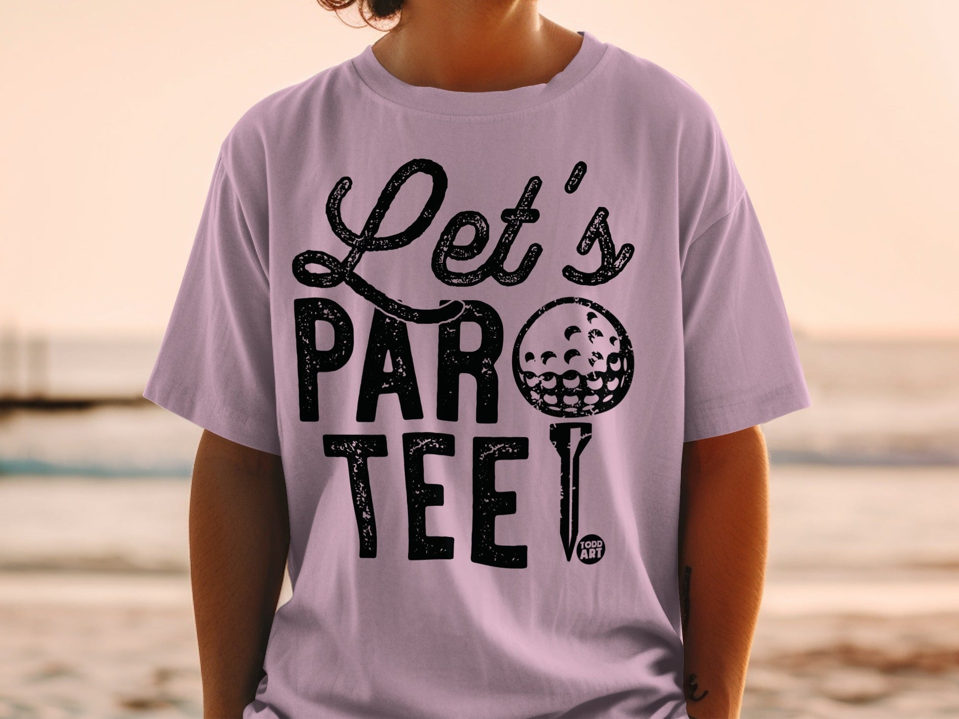 T-shirt with "Let's PAR TEE!" text and golf ball graphic.