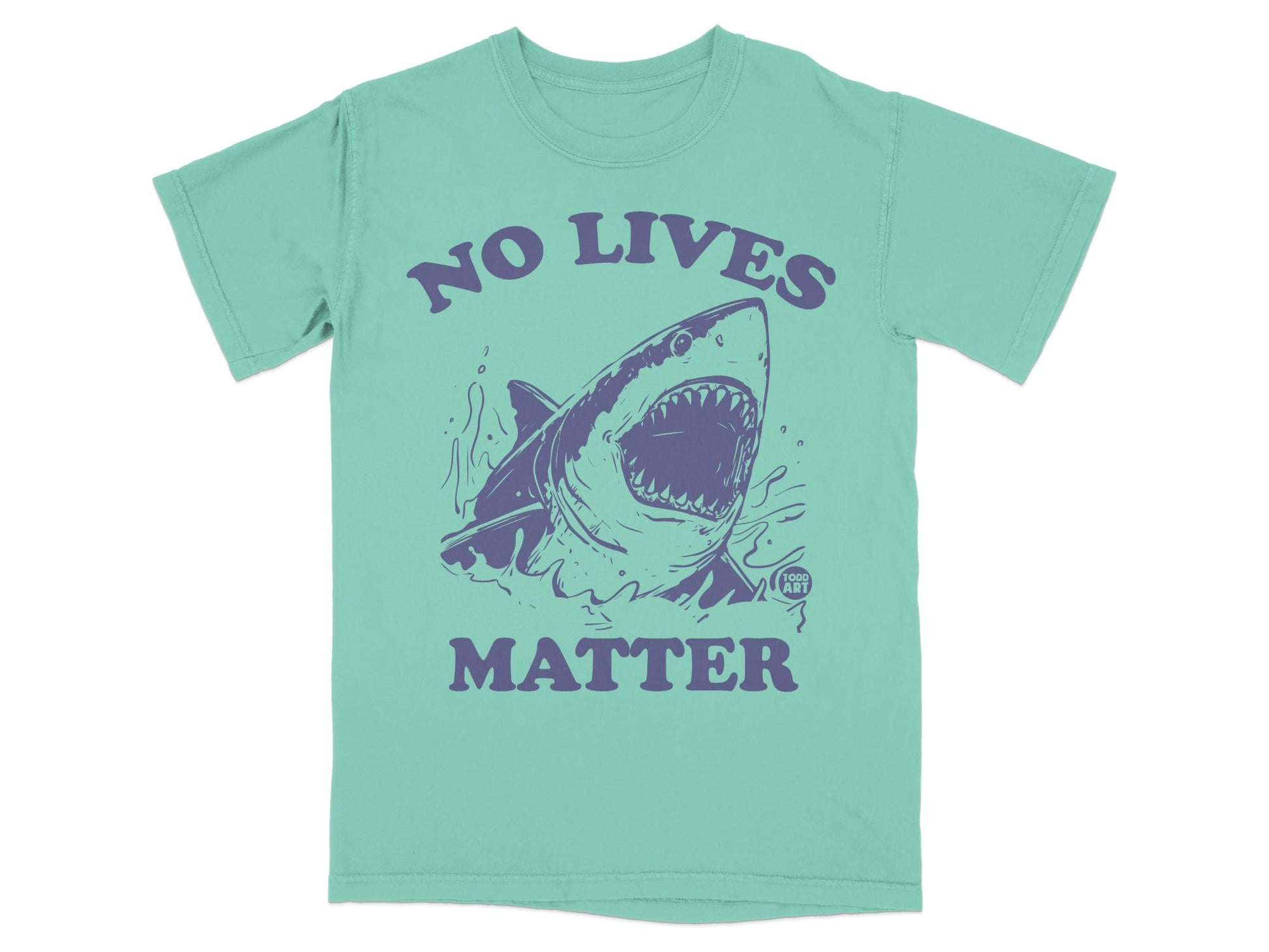 Mint t-shirt with purple graphic of shark and text "NO LIVES MATTER".