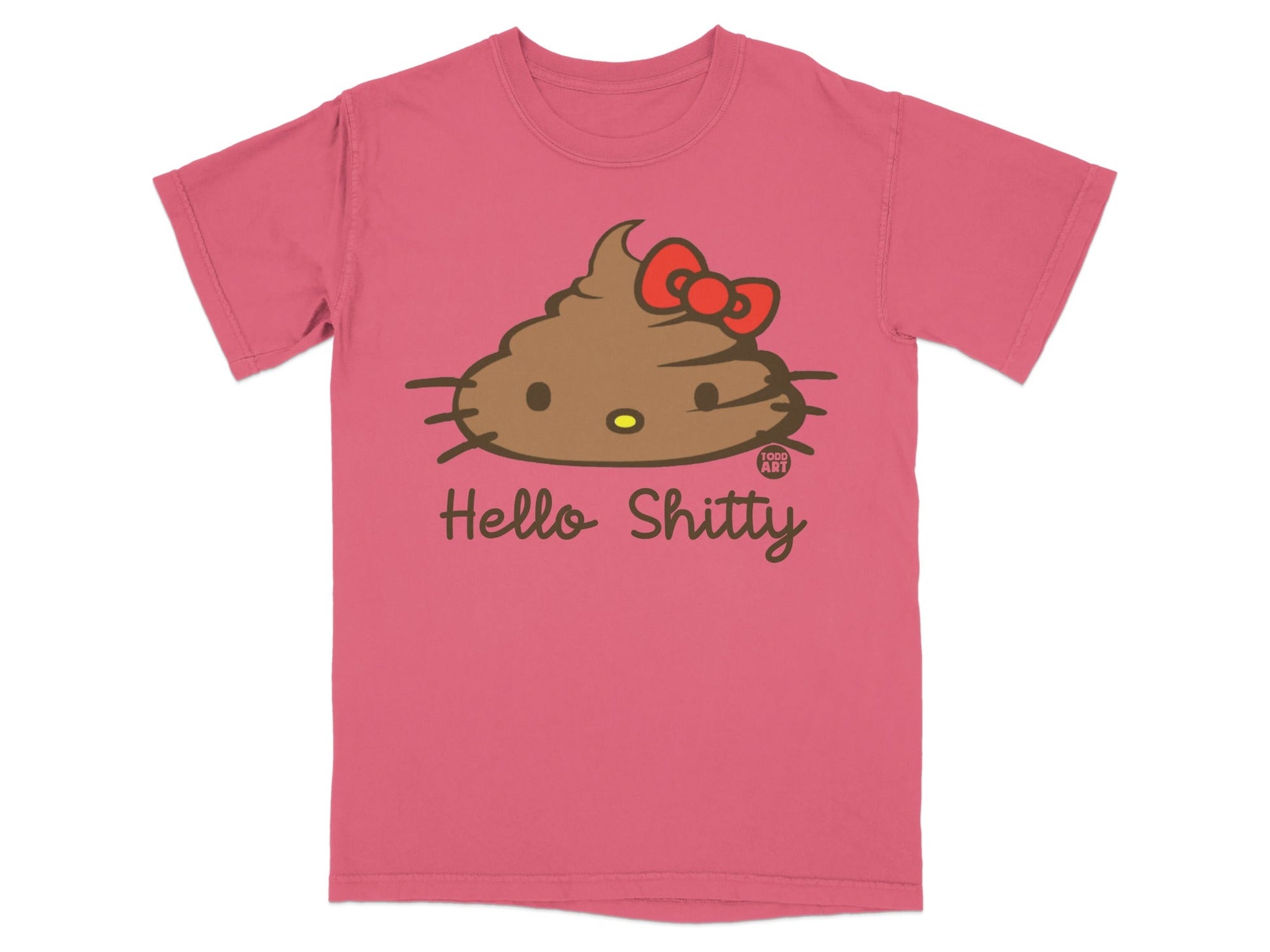 Pink t-shirt with a poop emoji wearing a red bow and text "Hello Shitty".