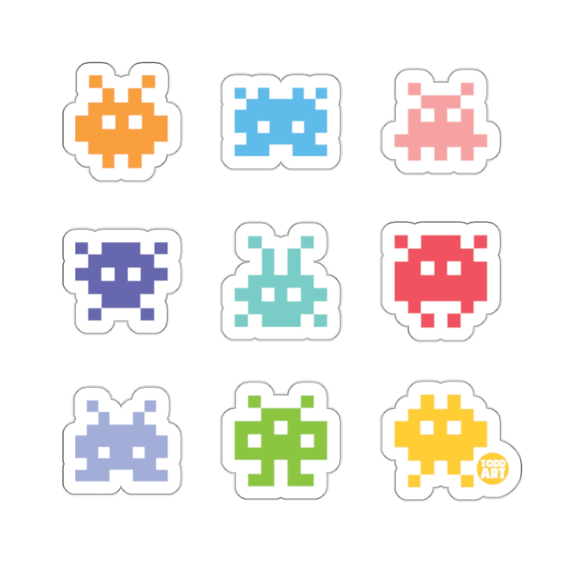 Colorful Retro Space Invaders Pixel Art Stickers