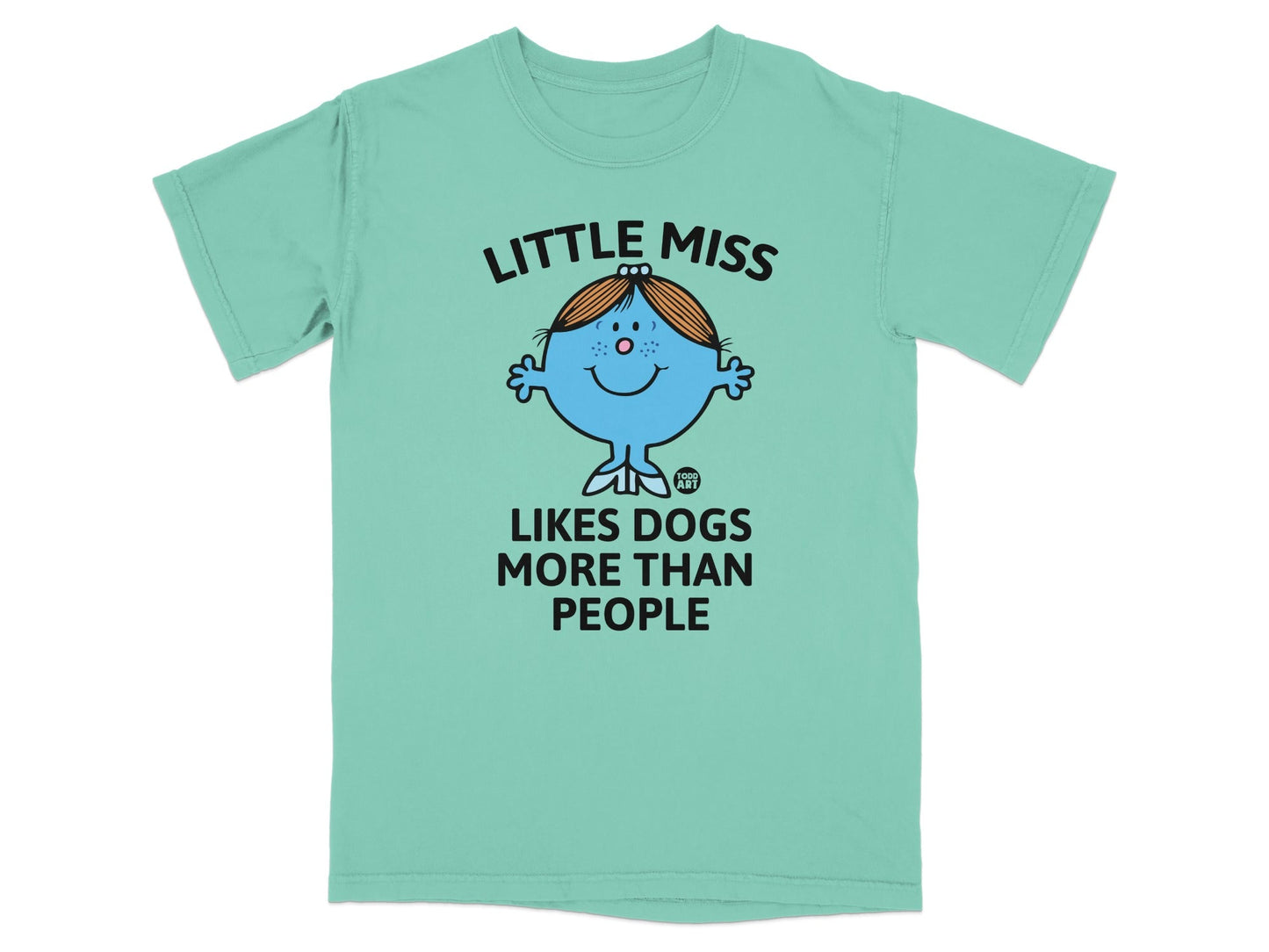 Little Miss character saying "LITTLE MISS LIKES DOGS MORE THAN PEOPLE"