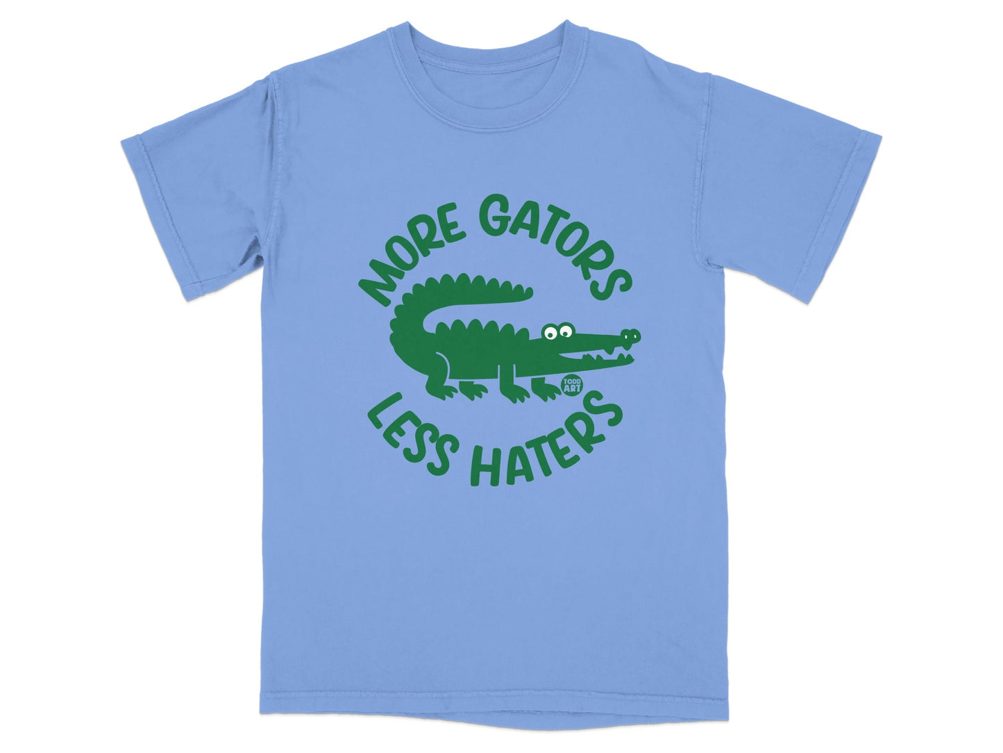 Blue t-shirt with a green alligator graphic and text "MORE GATORS LESS HATERS".