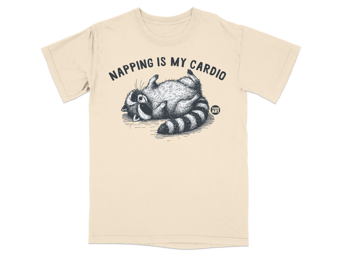 T-shirt with raccoon illustration and "Napping is my cardio" text.