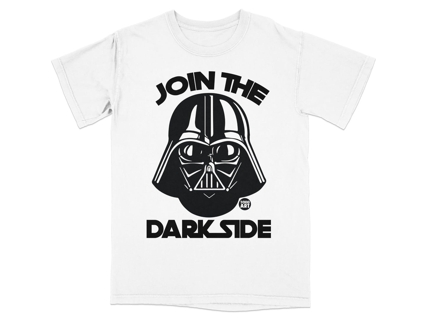 White t-shirt with Darth Vader's helmet and "JOIN THE DARK SIDE" text.