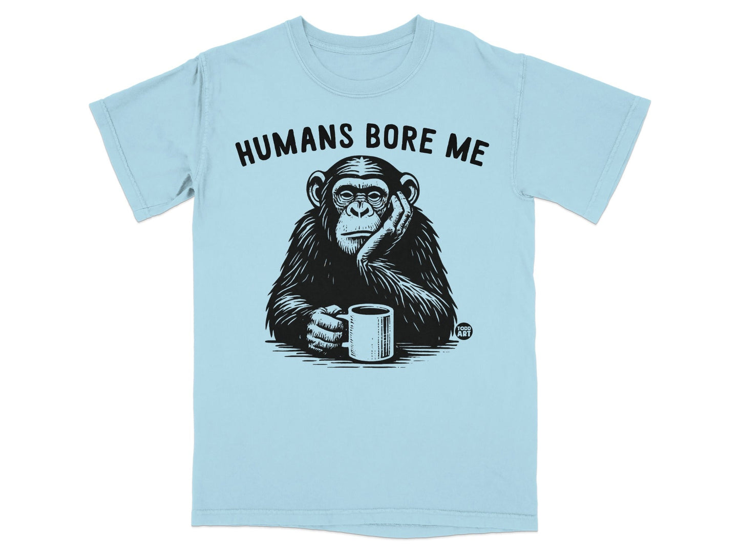 Chimpanzee with hand on chin holding mug, text reads "Humans Bore Me".