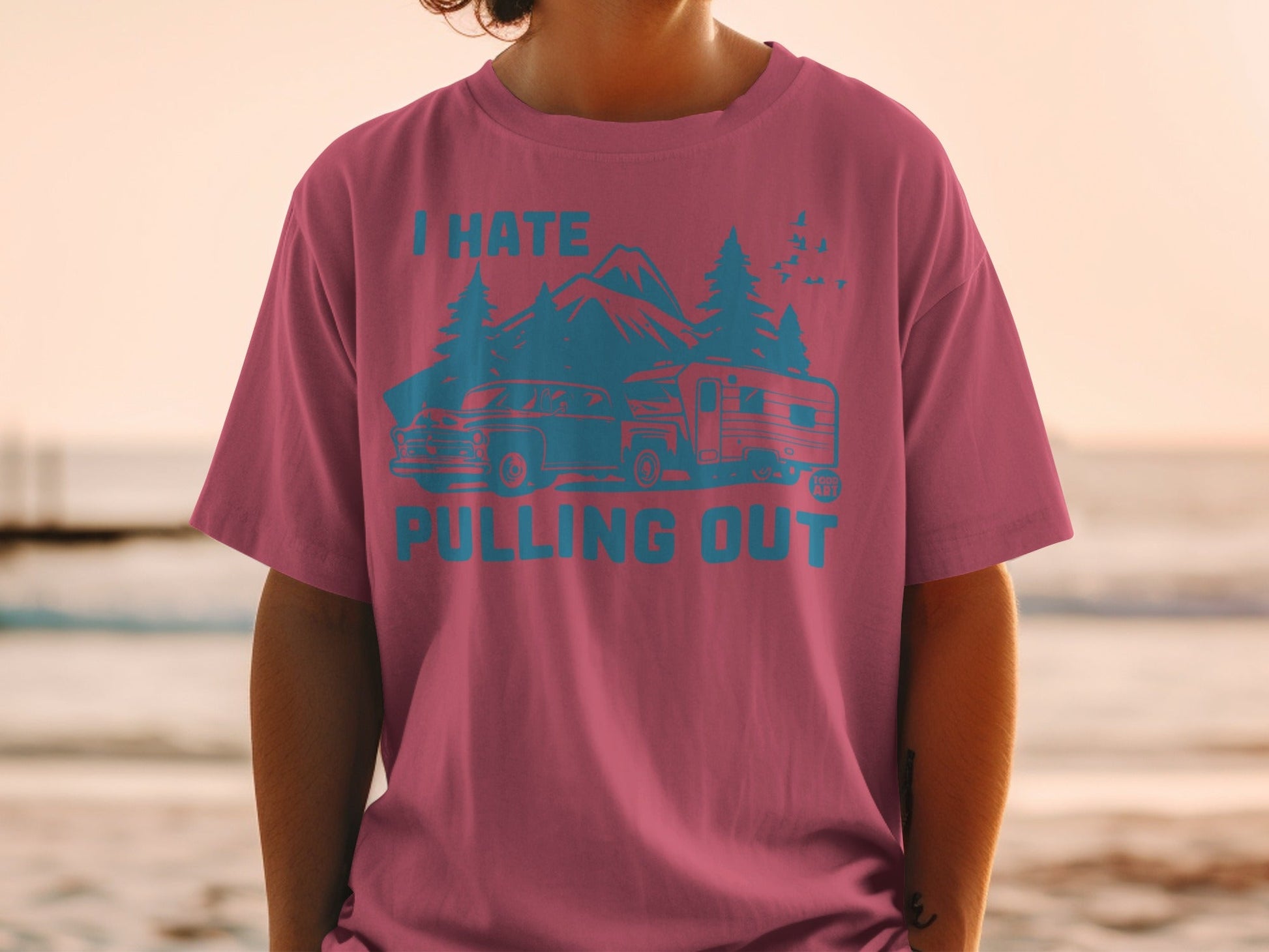 T-shirt with retro truck, camper, mountains, and text "I Hate Pulling Out".