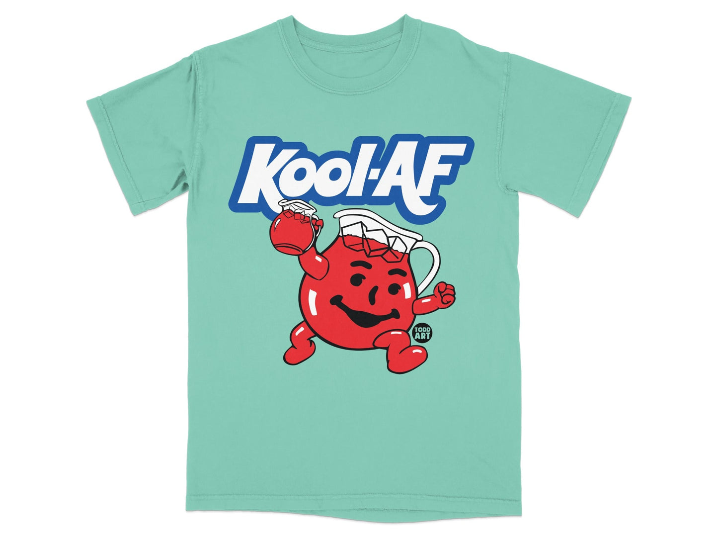 Kool-Aid Man holding a pitcher of Kool-Aid on a mint green t-shirt.
