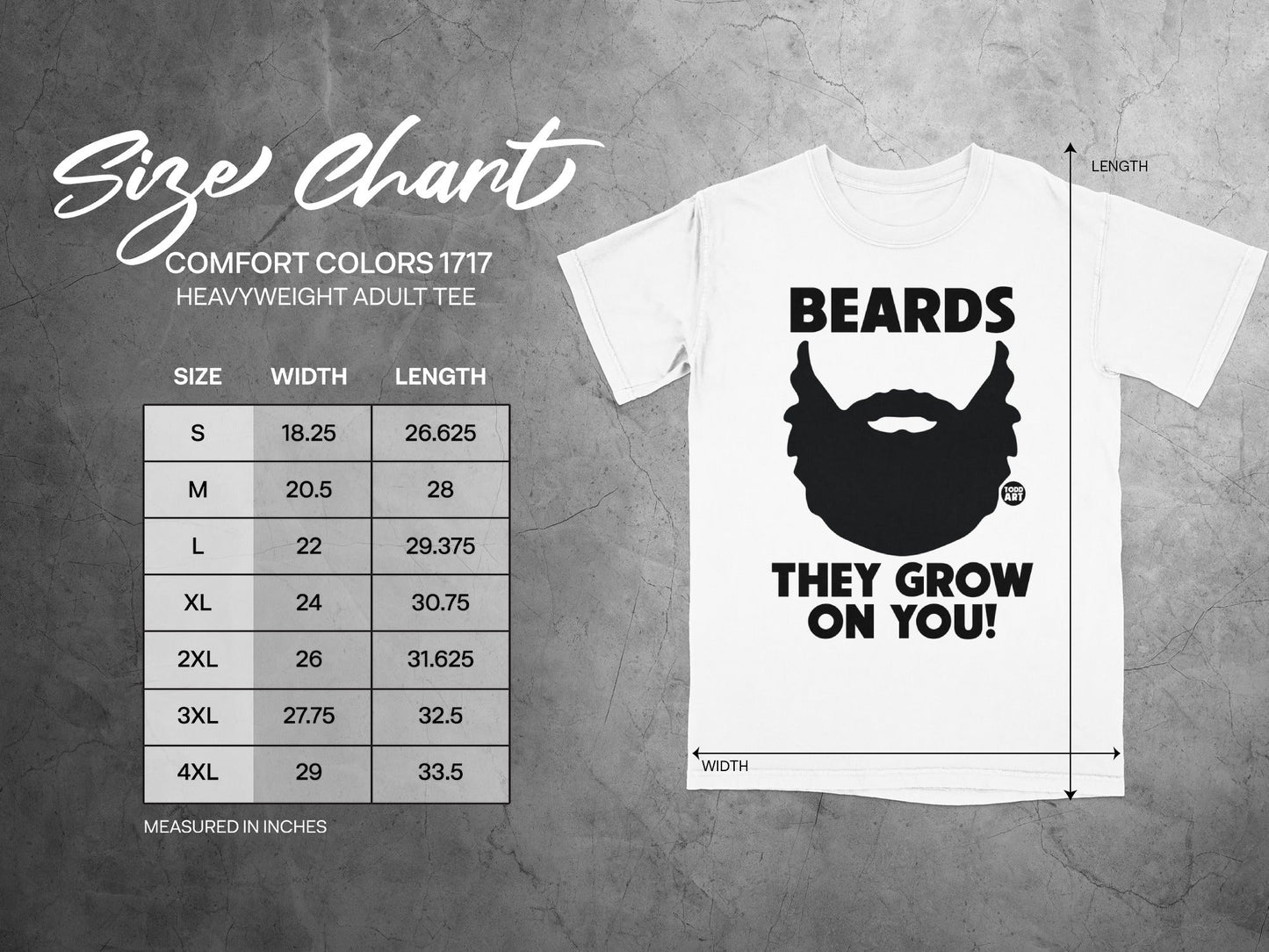 Size chart for Comfort Colors heavyweight adult tee with beard graphic.
