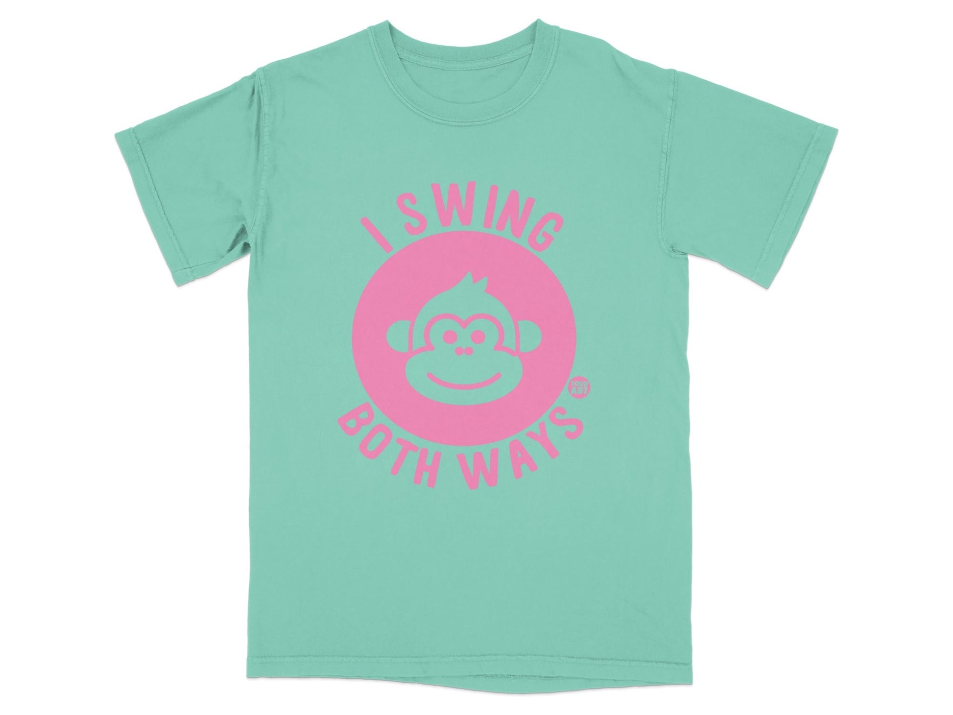 Teal t-shirt with pink monkey face and text "I swing both ways".