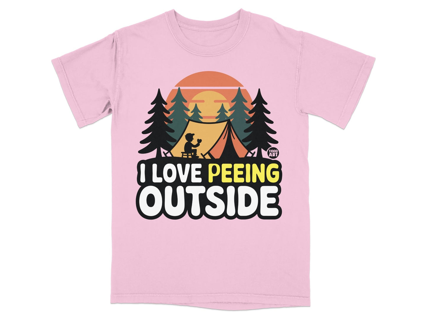 Pink t-shirt with "I love peeing outside" graphic featuring a camping scene.