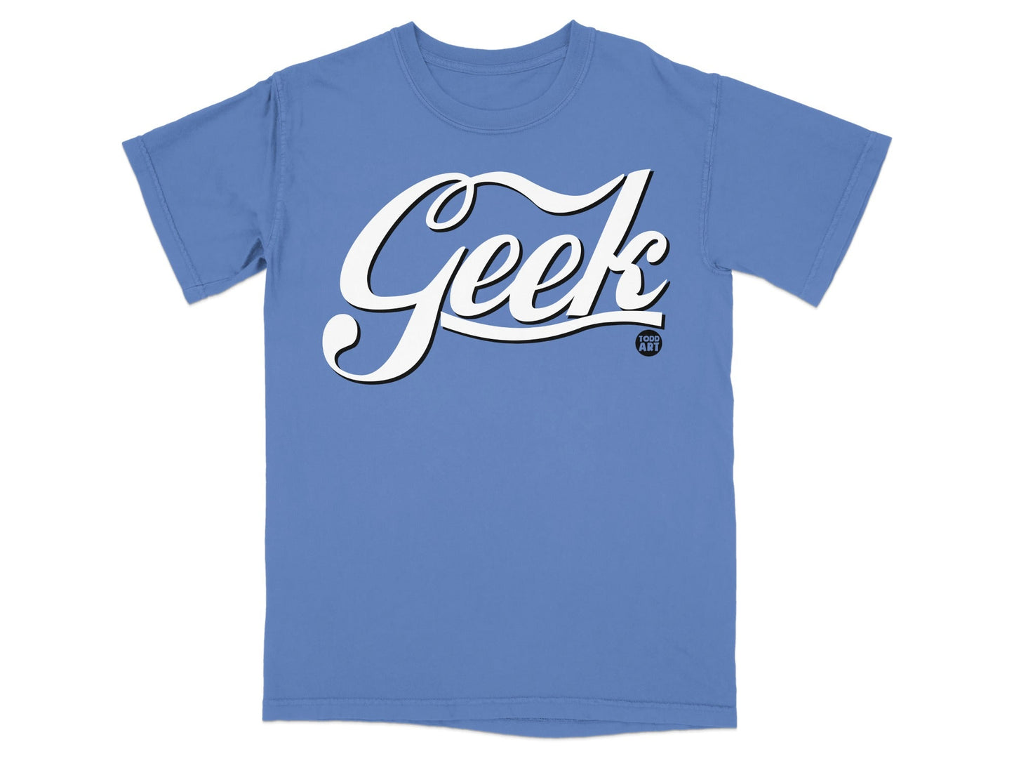 Blue t-shirt with white "Geek" text and small "1000 AV" logo.