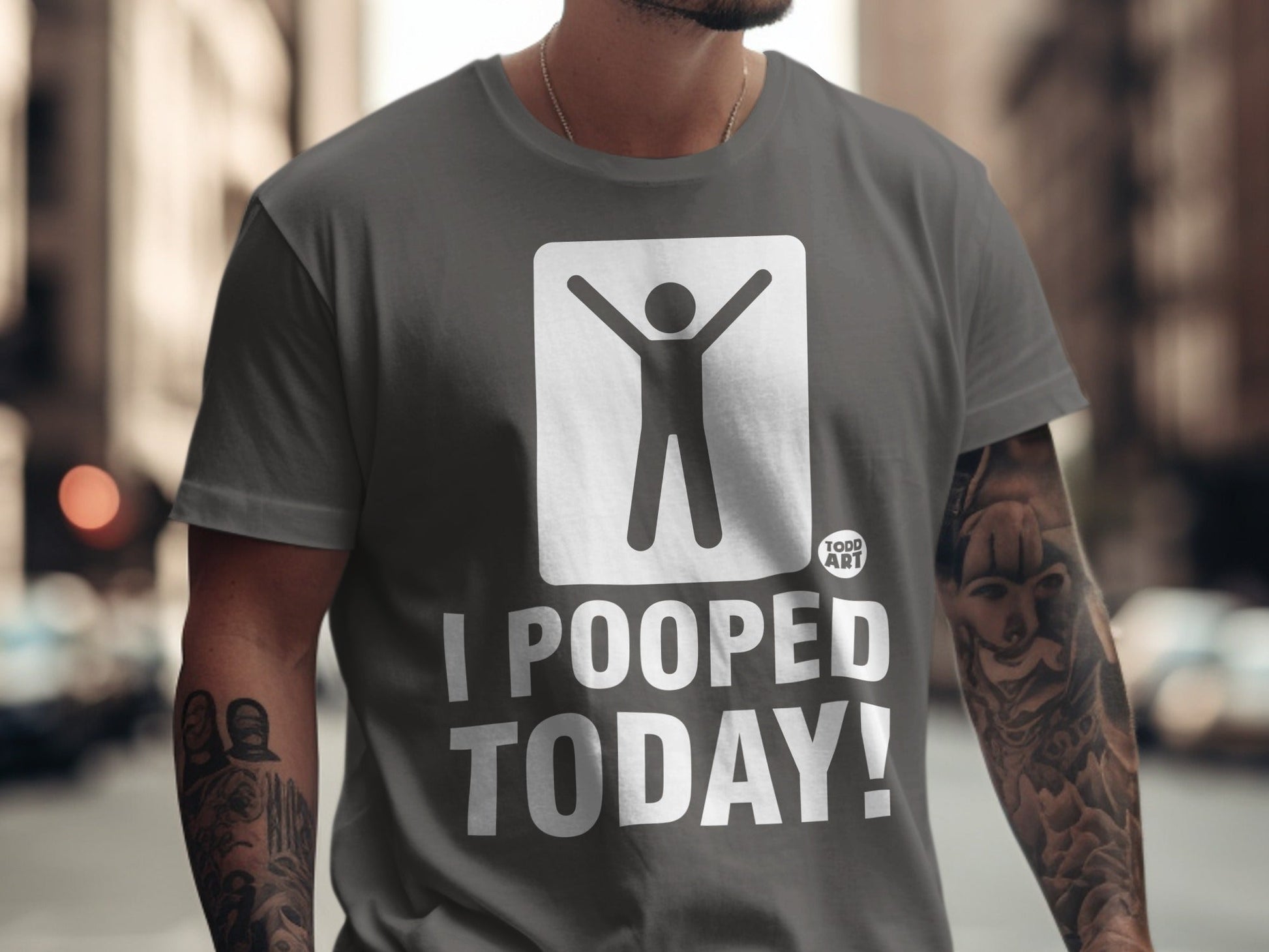 T-shirt with "I POOPED TODAY!" text and stick figure graphic.