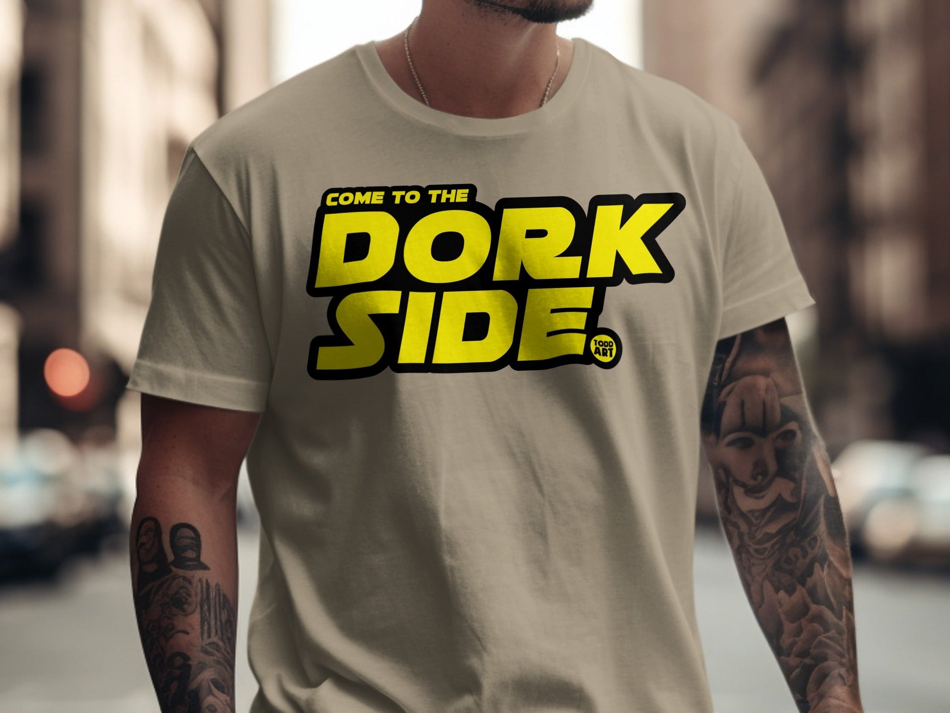 Tan t-shirt with "COME TO THE DORK SIDE" text logo and a small logo.