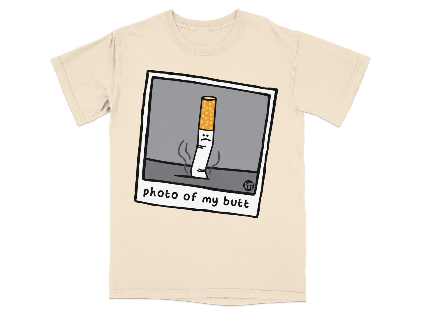 T-shirt with cartoon cigarette stub with sad face and text "photo of my butt".