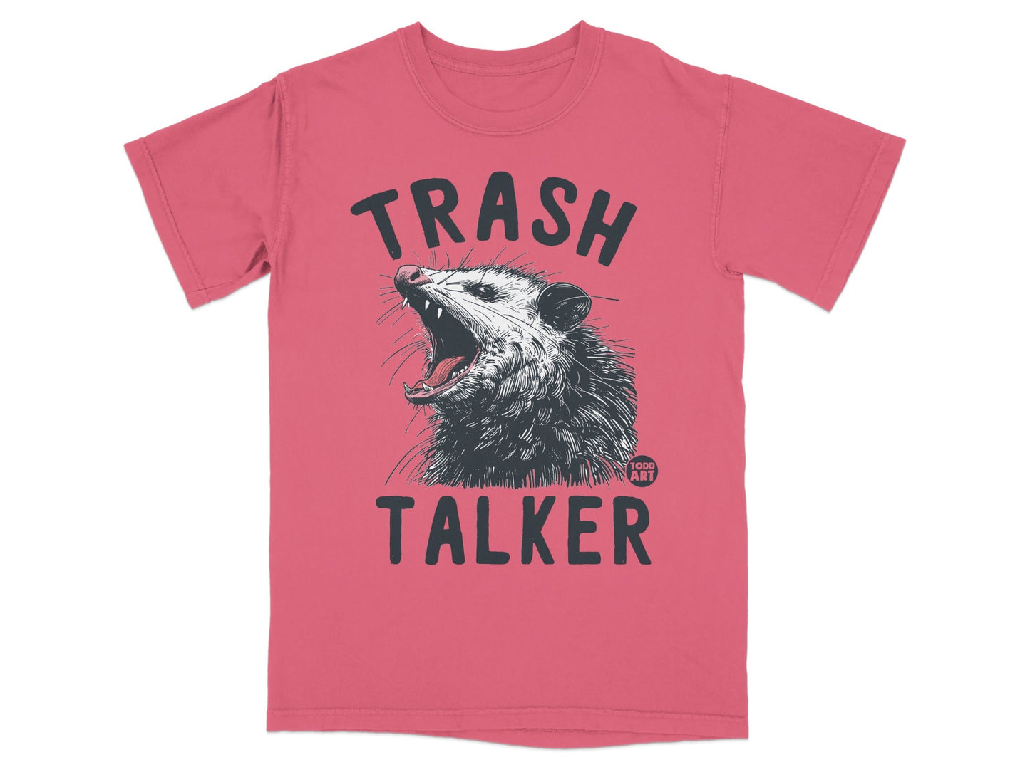 T-shirt with a possum yelling the words "TRASH TALKER" in large letters.