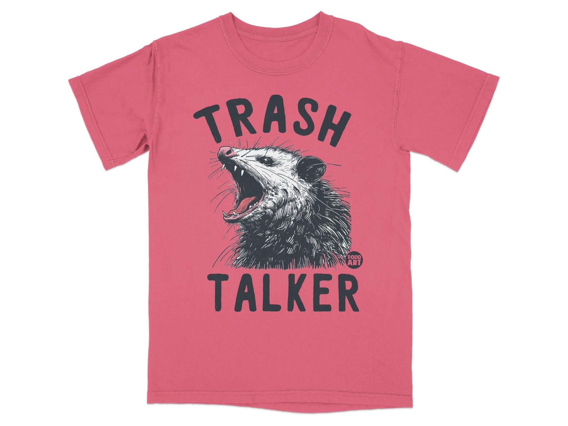 T-shirt with a possum yelling the words "TRASH TALKER" in large letters.