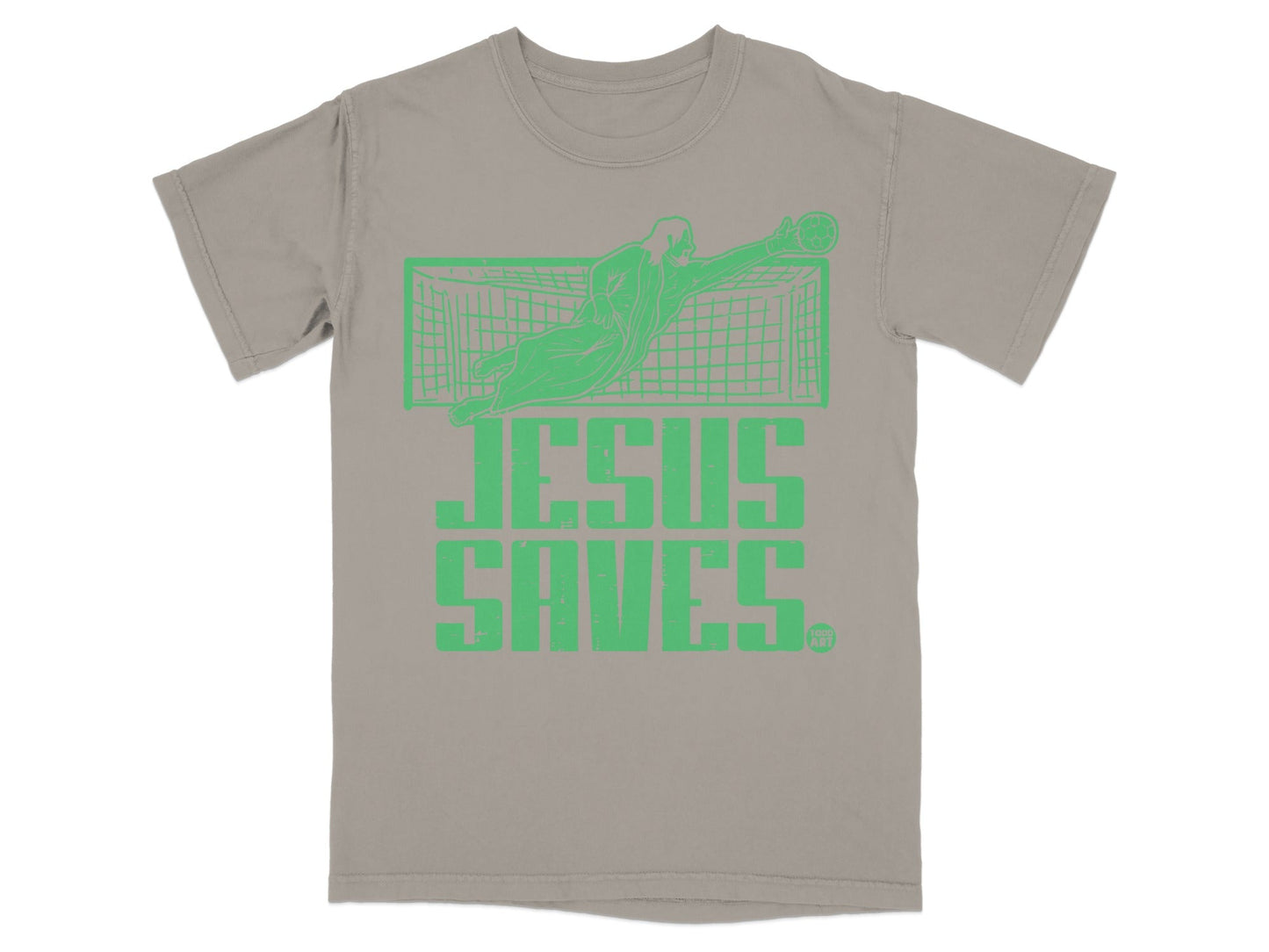 T-shirt with green graphic of a soccer goalie and text "JESUS SAVES".