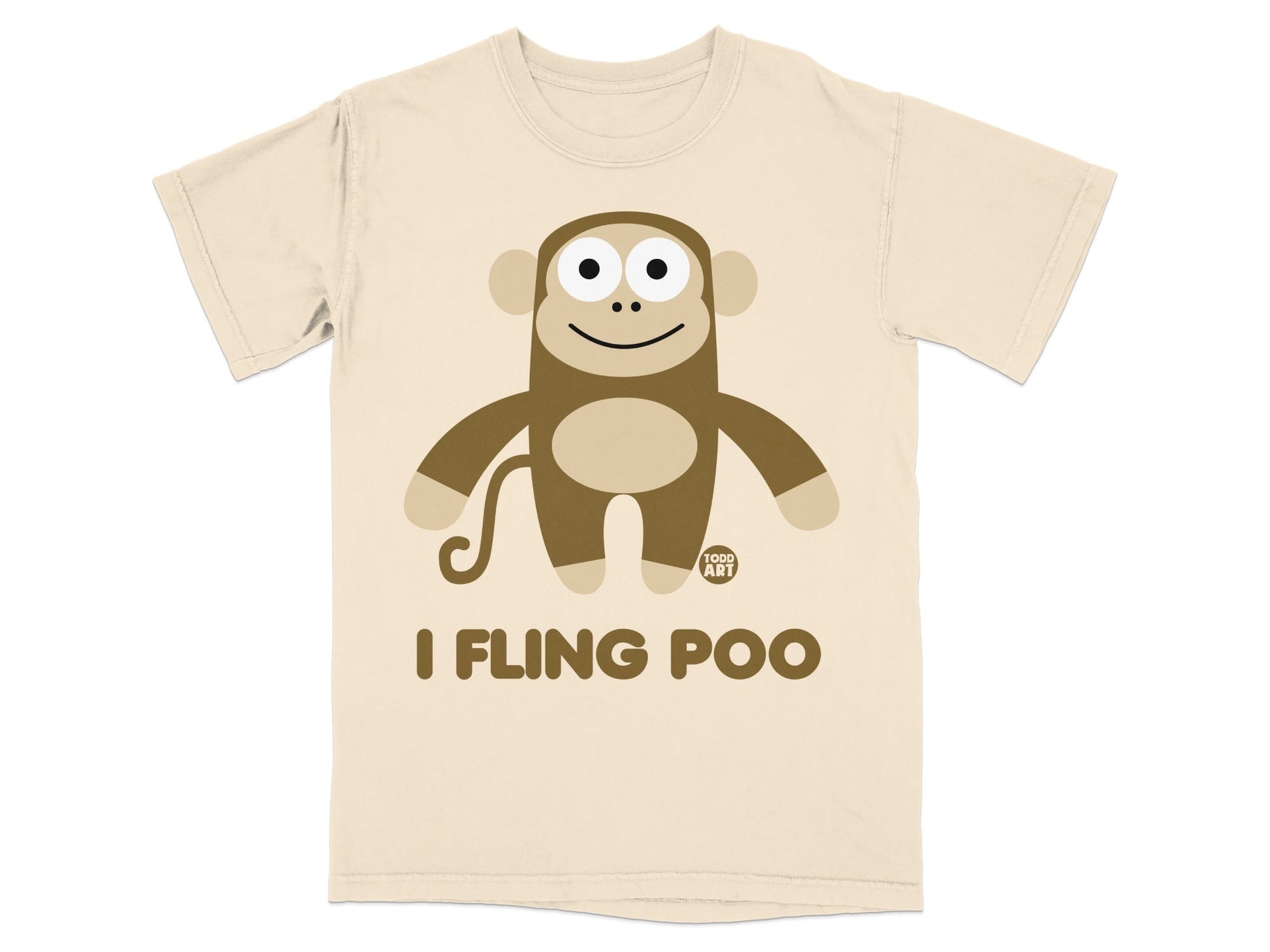 Cream t-shirt with a cartoon monkey and text "I FLING POO".