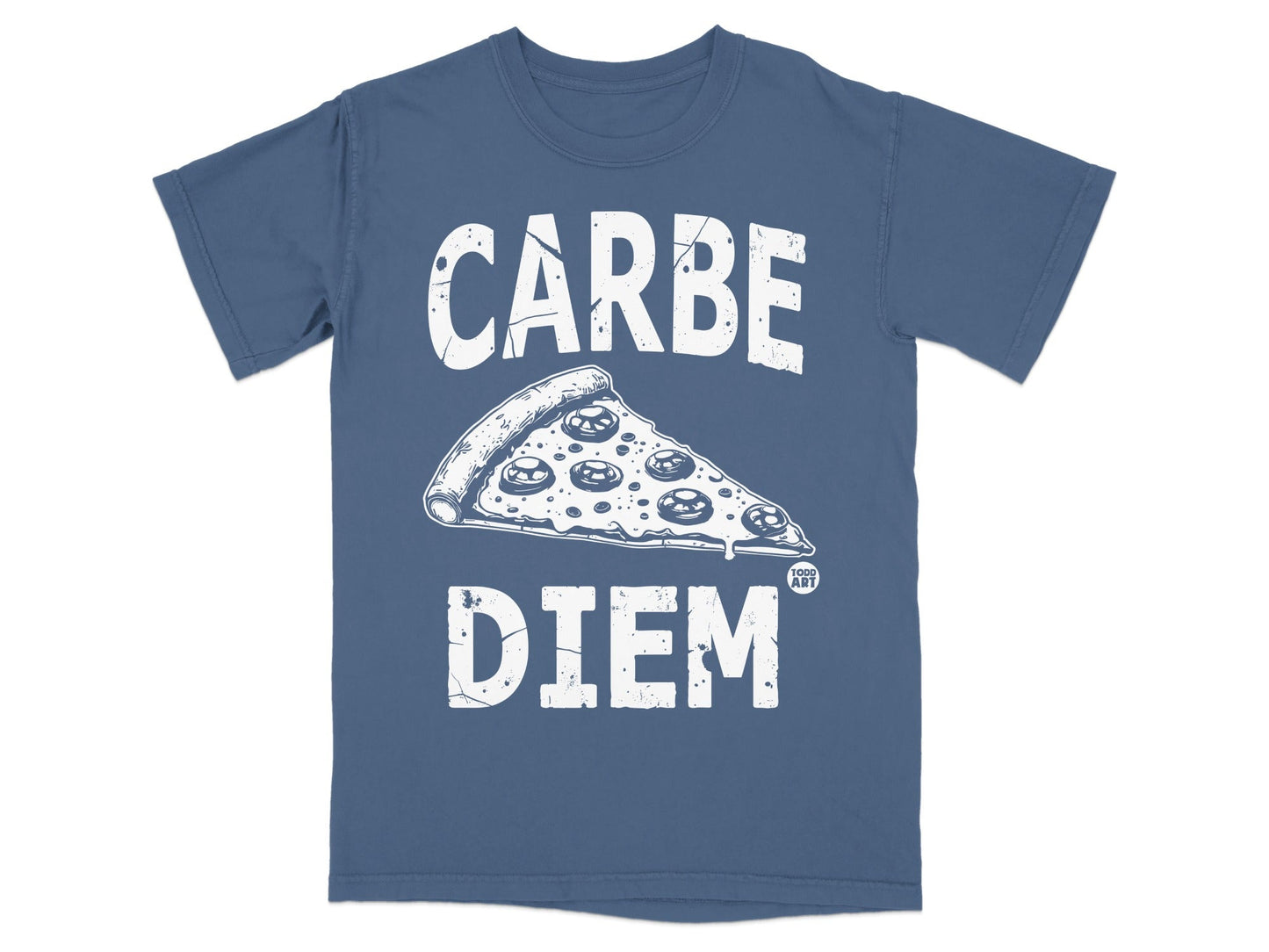 Blue t-shirt with "CARPE DIEM" text and a pizza slice graphic.