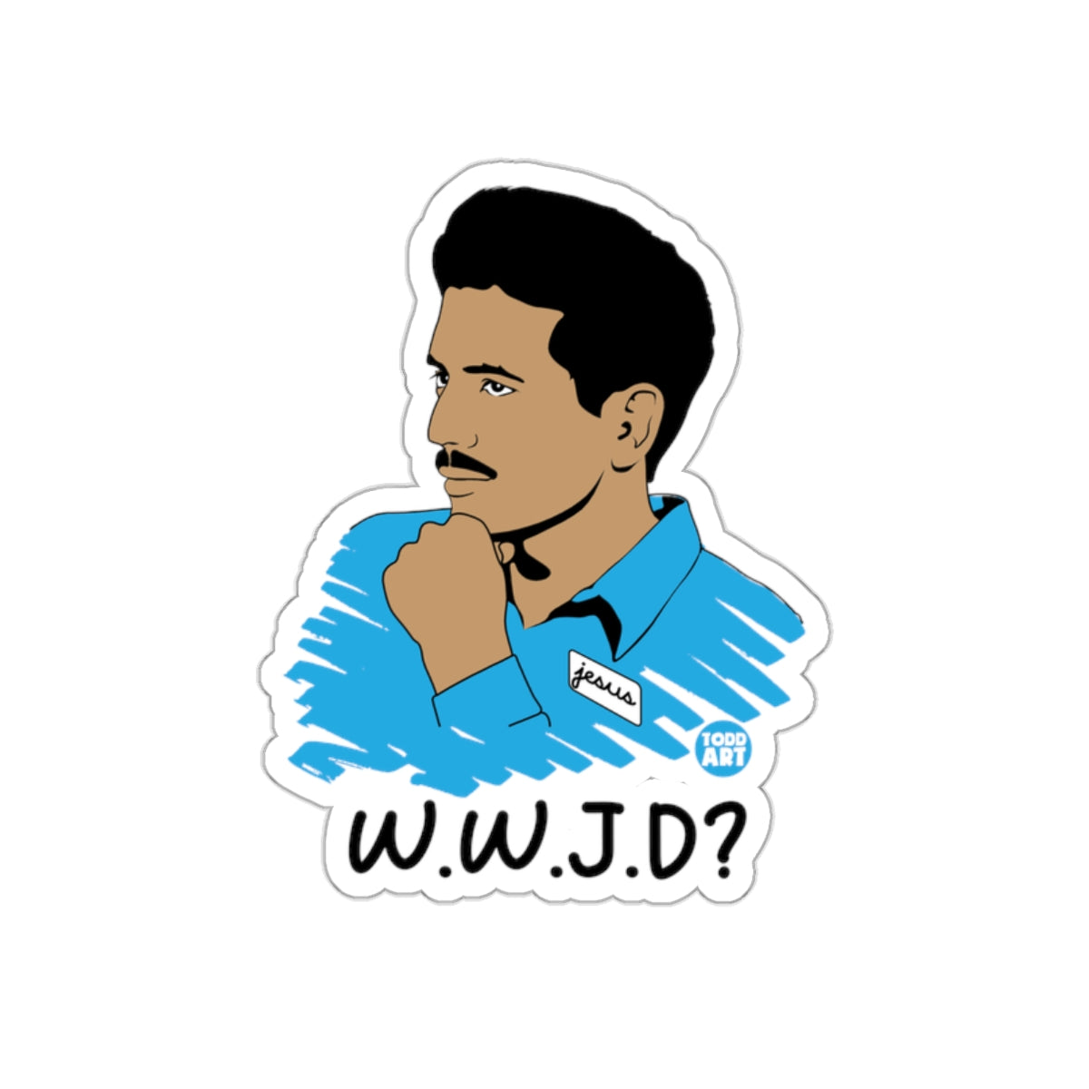 W.W.J.D? Illustration with Blue Shirt Sticker Product