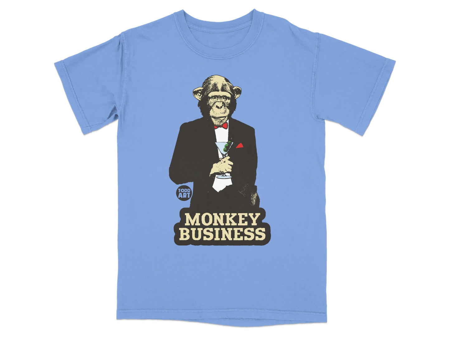 T-shirt with monkey in tuxedo holding martini, "Monkey Business" text.