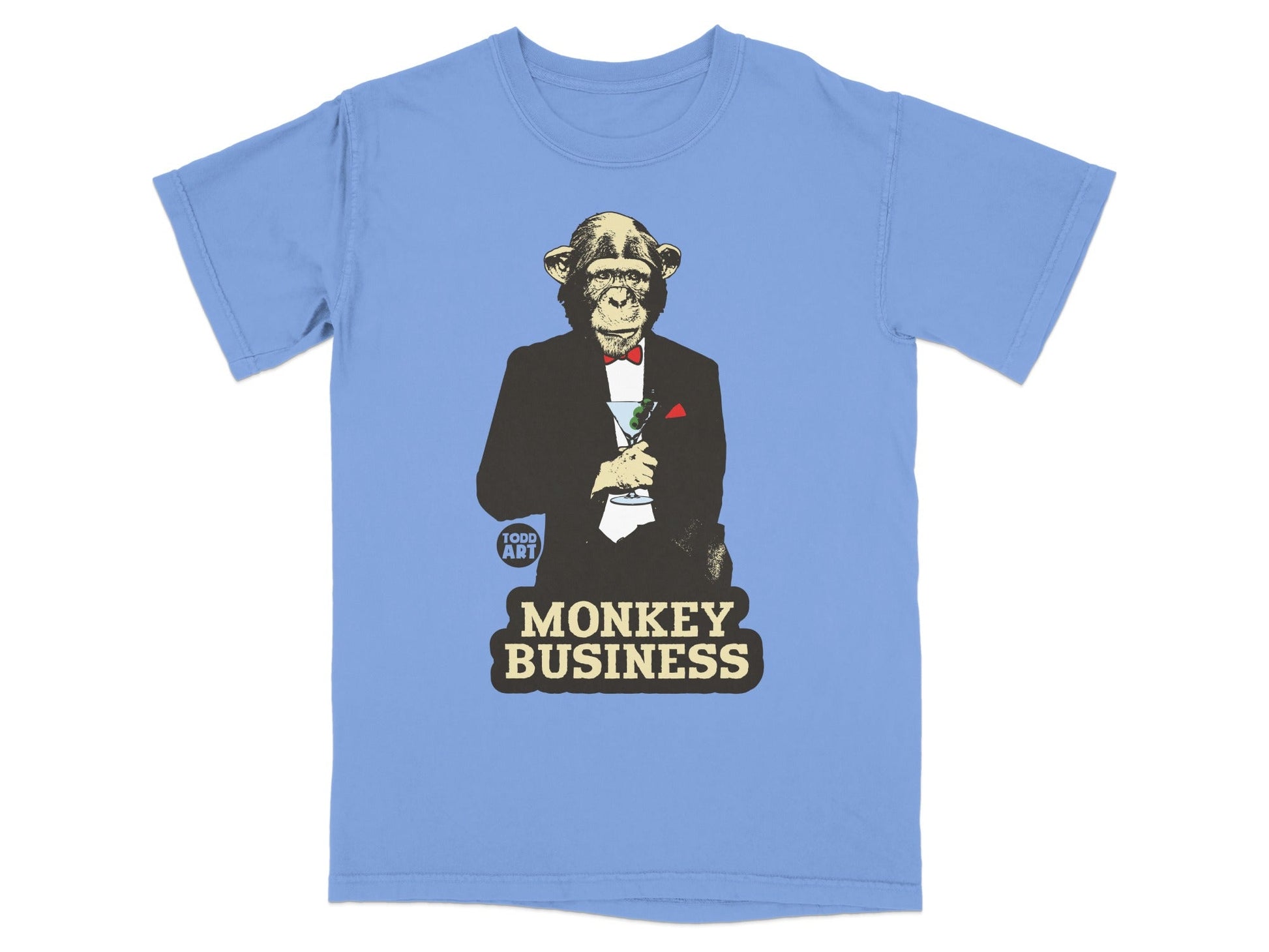T-shirt with monkey in tuxedo holding martini, "Monkey Business" text.