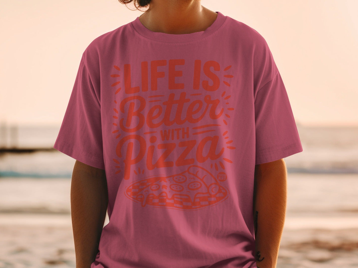 Pink t-shirt with "Life is Better with Pizza" and pizza slice graphic.
