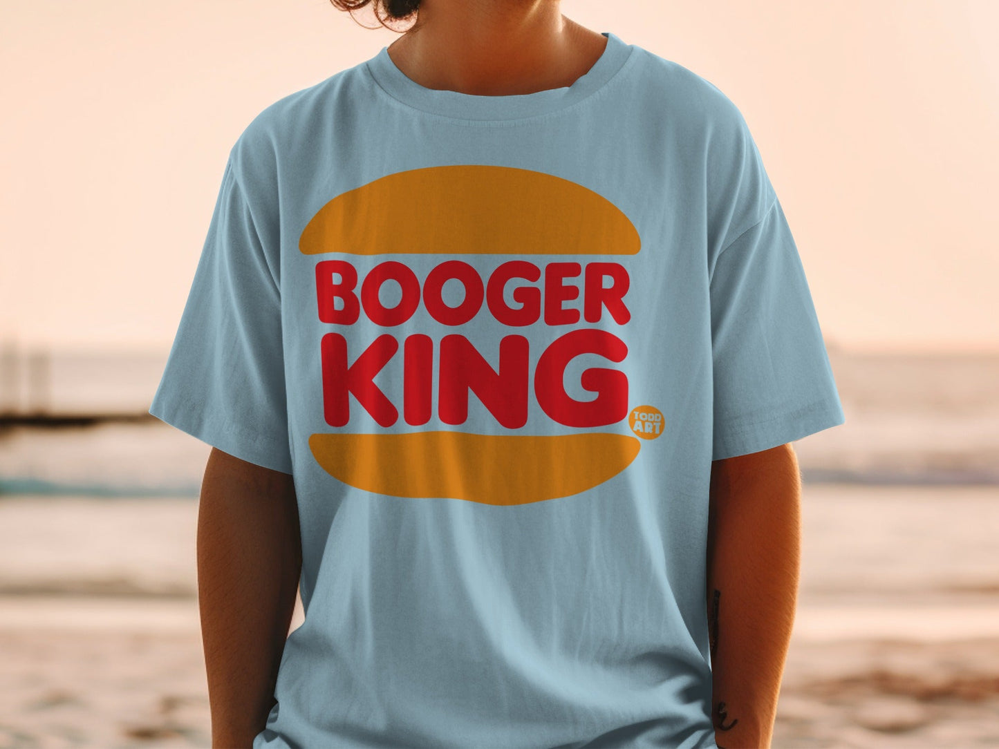 Light blue t-shirt with "BOOGER KING" burger logo.