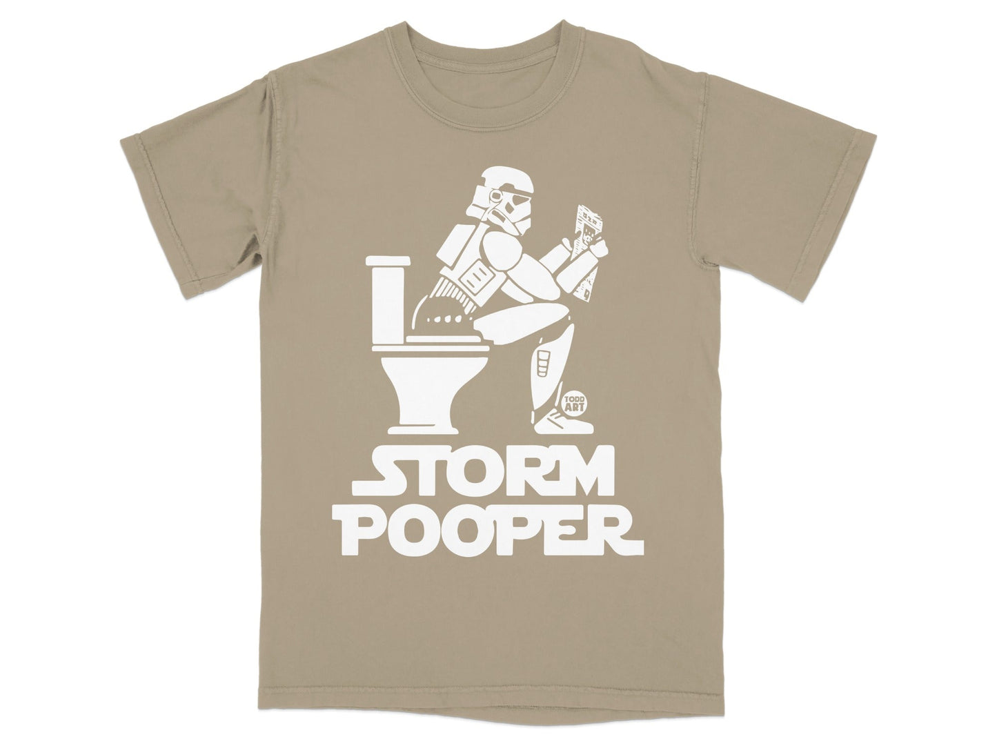 Stormtrooper sitting on a toilet, reading a Star Wars comic.