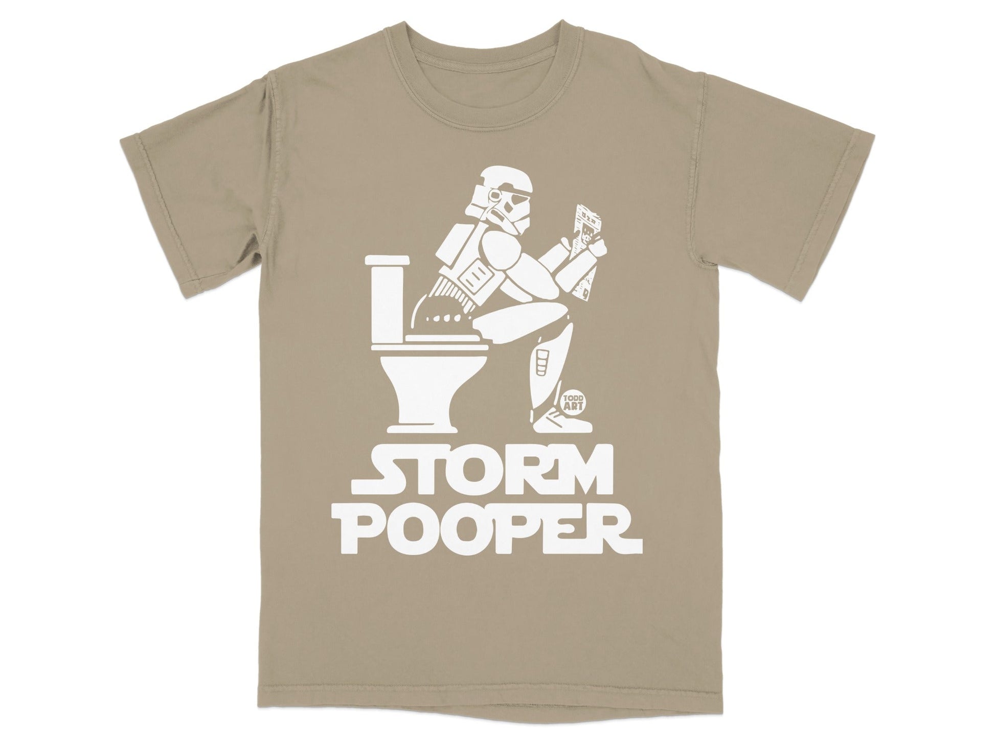 Stormtrooper sitting on a toilet, reading a Star Wars comic.