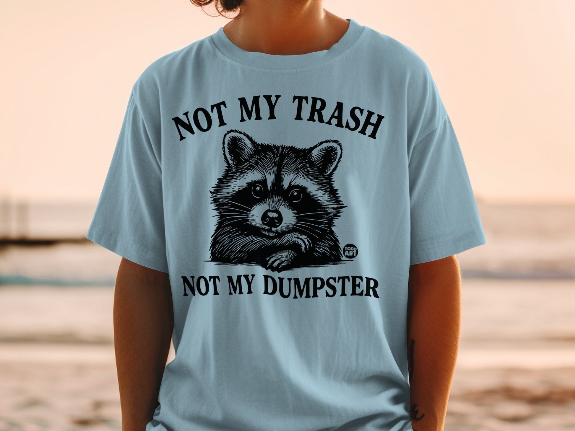 Light blue t-shirt with a raccoon graphic and text "NOT MY TRASH NOT MY DUMPSTER".