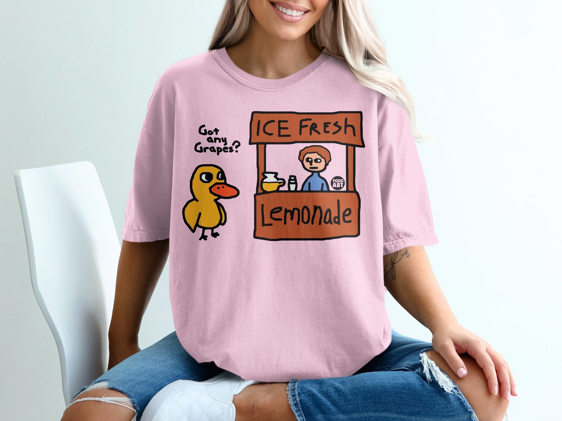 Cartoon duck asks "Got any Grapes?" at an "ICE FRESH Lemonade" stand.