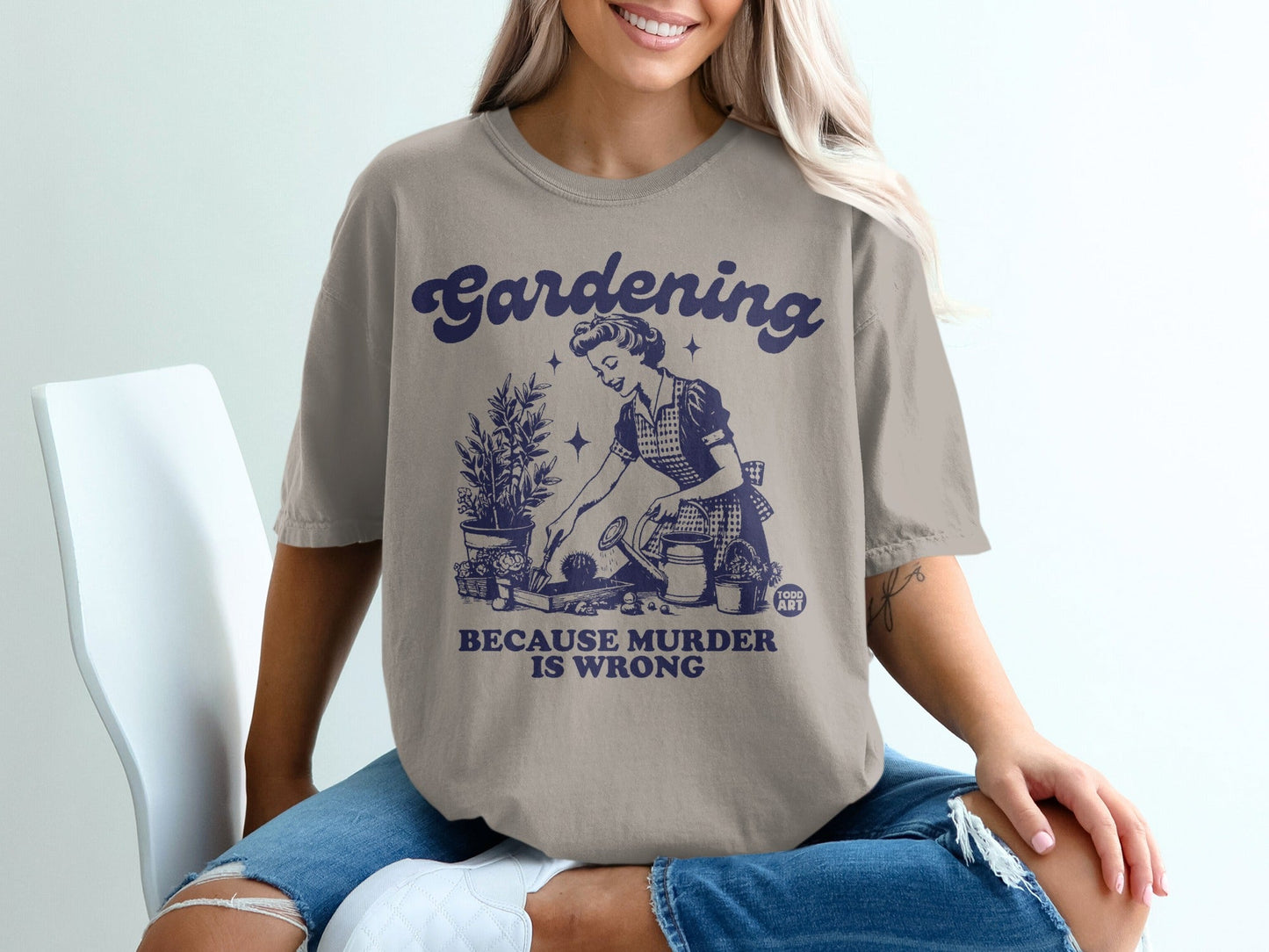 Gardening is wrong text on t-shirt featuring a woman gardening.