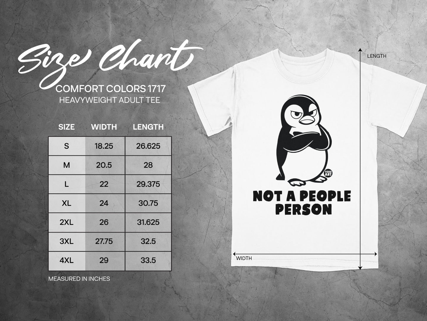 Size chart for a heavyweight adult t-shirt with penguin graphic reading "NOT A PEOPLE PERSON".
