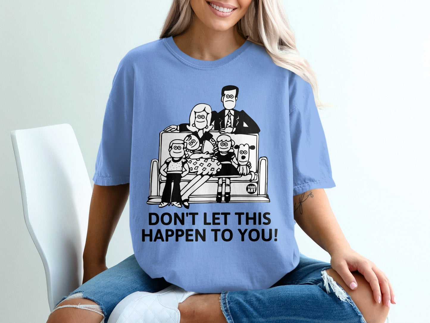 Black and white illustration of a dysfunctional family on a couch, with text below.